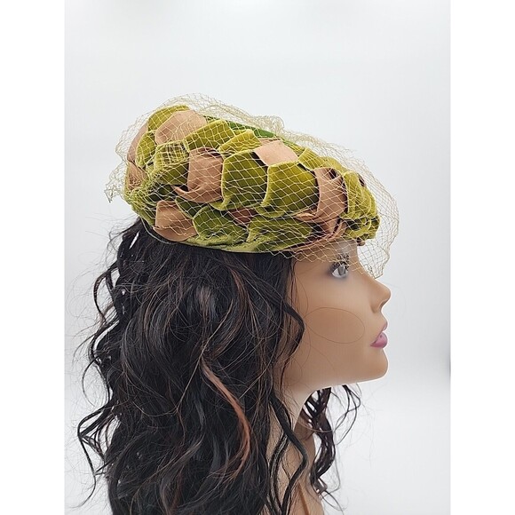 VTG Hat Union Made Olive & Brown Velvet & Satin Shell Hat with Veil Netting main image 4